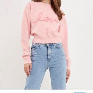Anthropologie Pink soft thick Crew Neck Sweater with Love embroidery Detail